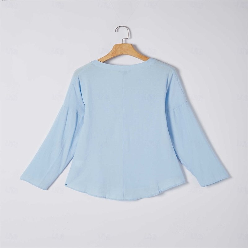 Women's Shirt Cotton Linen Shirts Blouse Dressy Tops Solid Color Plain Basic Long Sleeve Notched Neck Regular Tops Casual Daily White Pink Sky Blue Green Grey Spring Fall3