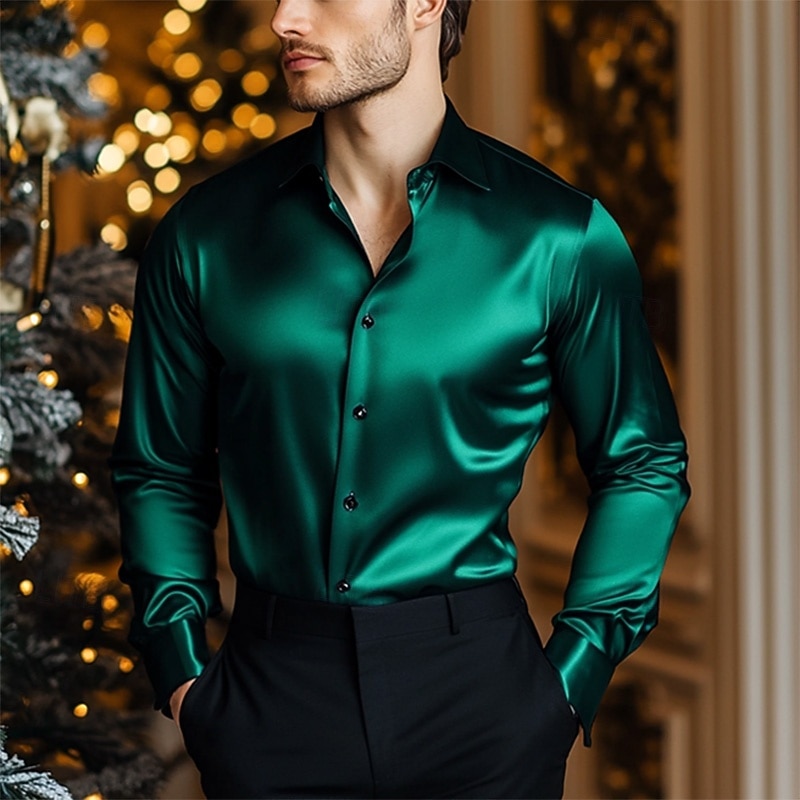 Men's Shirt Satin Shirt Casual Shirt Button Up Shirt Plain Wedding Vacation Light Blue Black Wine Royal Blue Long Sleeve Lapel Spring &  Fall Clothing Apparel4