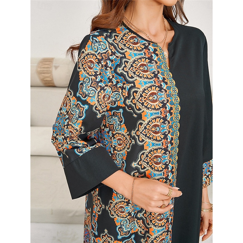 Women's Maxi Dress Casual Dress Kaftan Dress Boho Dress Casual Daily Regular Fit Geometric 3/4 Length Sleeve Notched Neck Black Spring Fall3