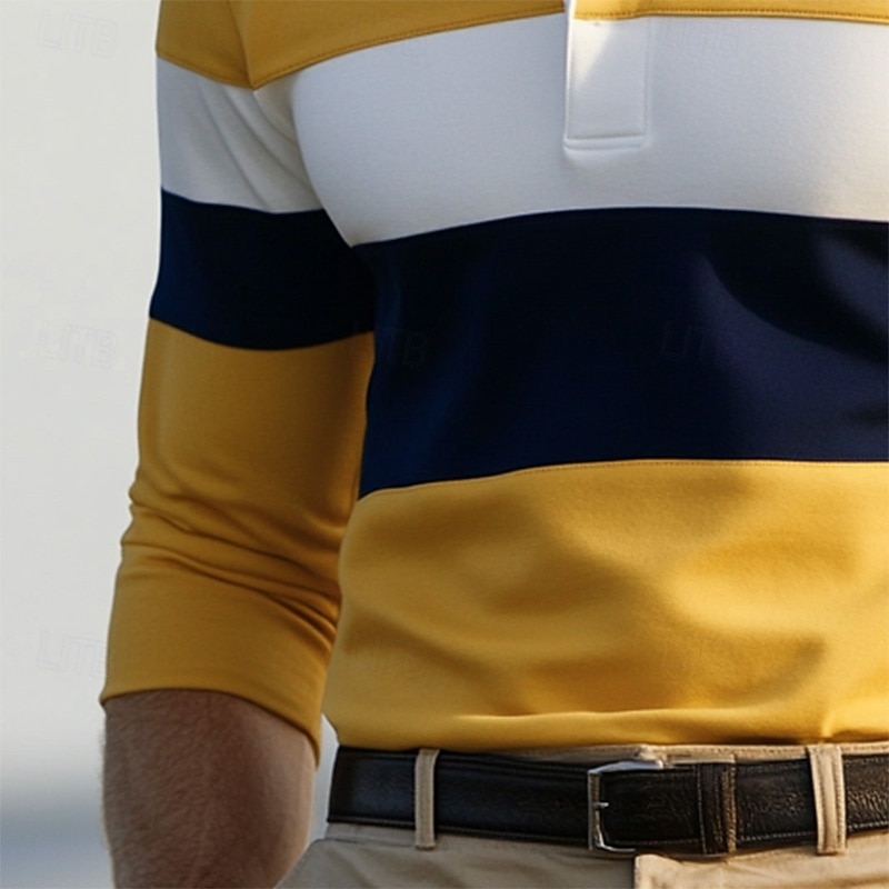 Men's Color Block Rugby Polo Shirts Long Sleeve Polo Shirts Ribbed Polo Collar Fashion 3D Print Comfortable Formal Work Casual Buttons Fall Winter Wine Yellow Gray4
