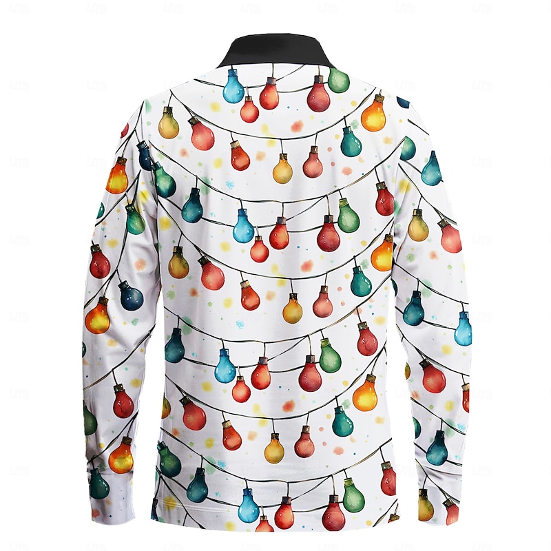 Christmas Men's Golf Polos Shirts Long Sleeve Polo Shirts Collar Casual New Years Eve Shirts Festival Outfit Buttons 3D Print Spring Fall Winter White2