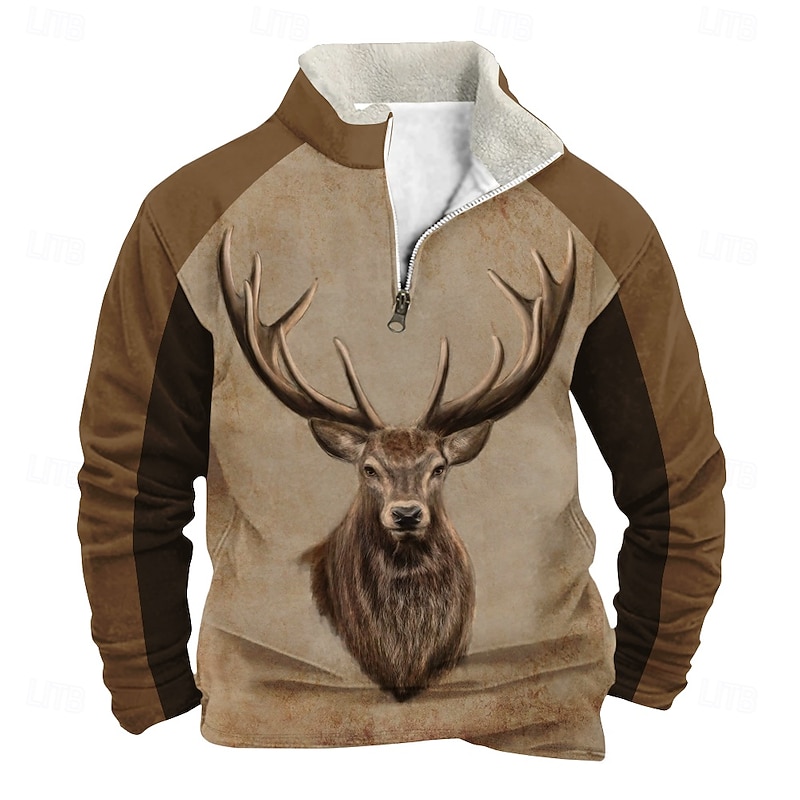 Men's Deer Sweatshirt Quarter Zip Sweatshirt Long Sleeve Sweatshirt Stand Collar Quarter Zip Casual Vintage Retro 3D Print Vacation Going out Streetwear Half Zip Fall Winter