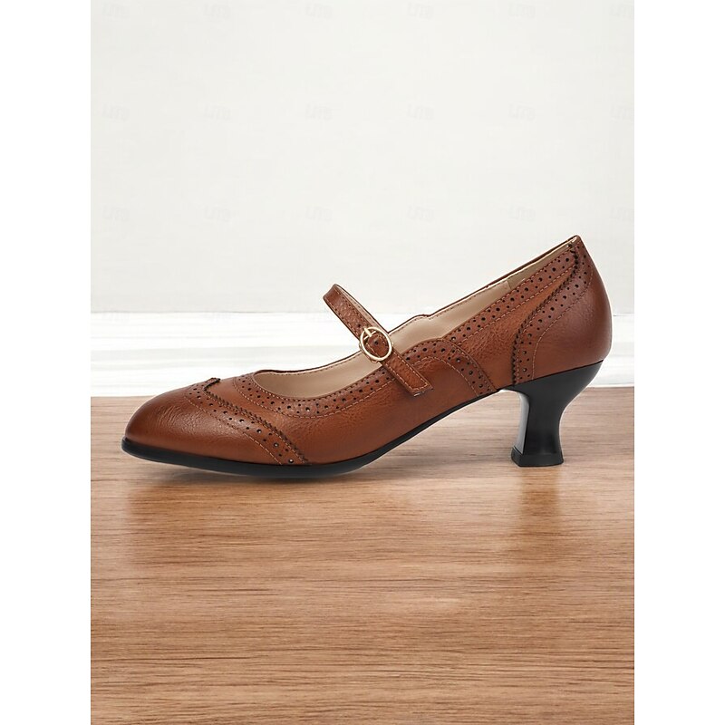 Women's Brown Vintage Gatsby Mary Jane Pumps-Brogue Detailing with Mid Heel for Office, Parties, and Retro Style Outfits3