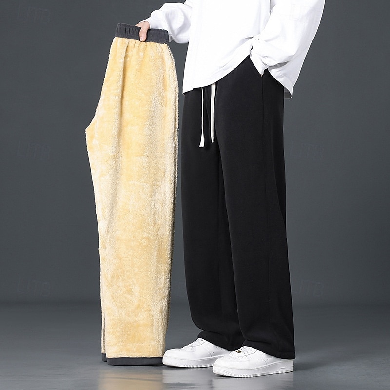 Men's Sherpa Fleece Pants Trousers Straight Leg Sweatpants Pocket Drawstring Elastic Waist Plain Comfort Warm Sports Outdoor Daily Fashion Casual Black Gray Micro-elastic