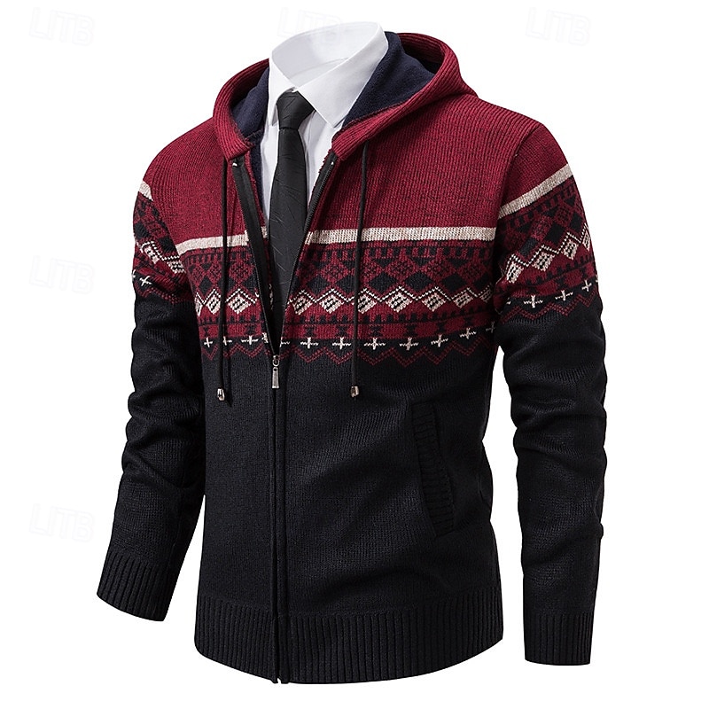 Men's Ugly Christmas Sweater Cardigan Fair Isle Sweater Zip Sweater Chunky Knit Regular Tops Zipper Pocket Jacquard Hoodie Knitwear Elegant Christmas Home Clothing Apparel Bishop Sleeve Fall Winter4
