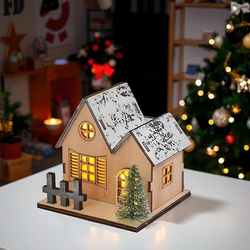 Christmas Wooden House Ornament Light, LED Desktop Decoration Christmas Holiday Table Decorations4