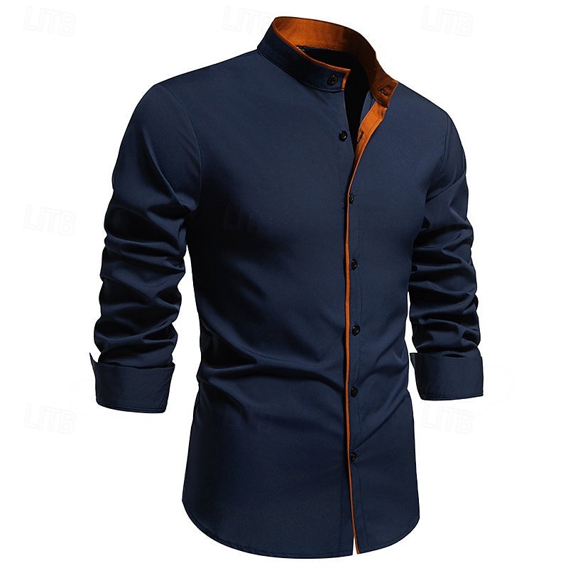 Men's Shirt Chinese Collar Shirt Mandarin Collar Shirt Dress Shirt Button Up Shirt Color Block Wedding Daily Black White Dark Navy Army Green Long Sleeve Grandad Collar Spring &  Fall Clothing Apparel2