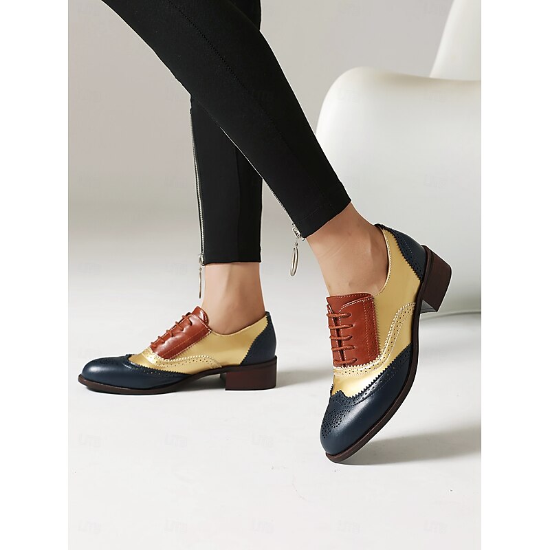 Women's Tri-Color Brogue Oxford Shoes with Wingtip Design and Low Heel - Vintage Formal Footwear for Office and Special Occasions3