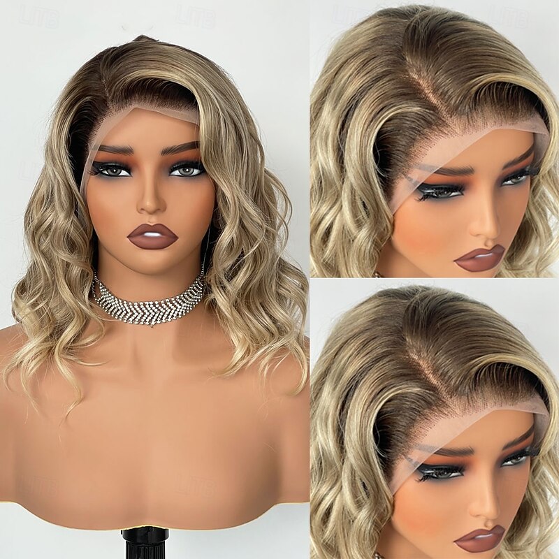 Remy Human Hair 13x4 Lace Front Wig Short Bob Free Part Peruvian Hair Body Wave Light Brown Blonde Multi-color Wig 150% Density with Baby Hair Glueless Pre-Plucked For wigs for black women Long4