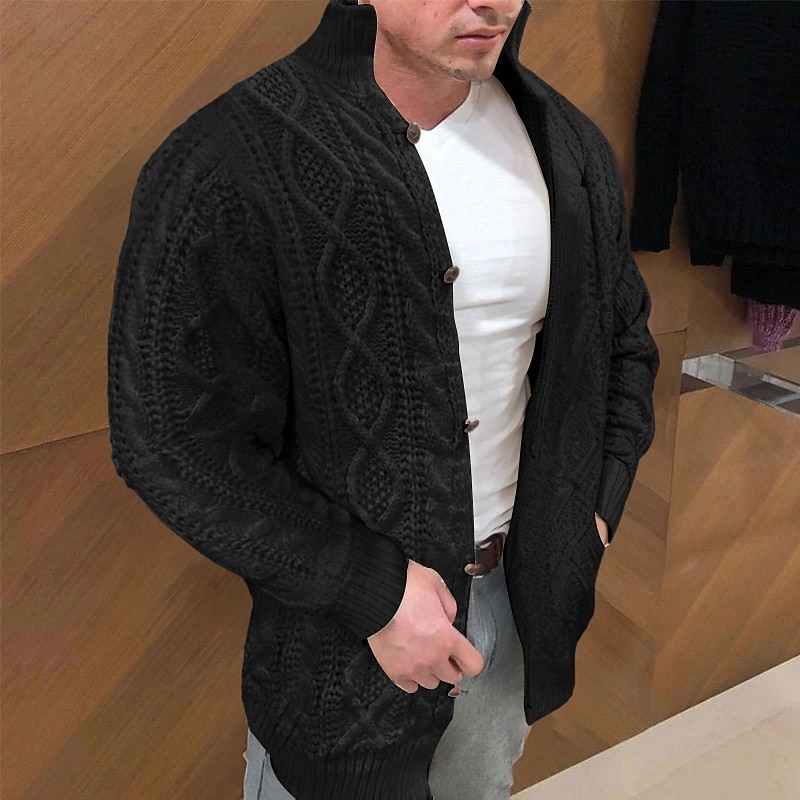 Men's Dress Sweater Cardigan Sweater Cable Knit Knitted Solid Color Stand Collar Stylish Casual Outdoor Home Clothing Apparel Fall Winter Black Red S M L4