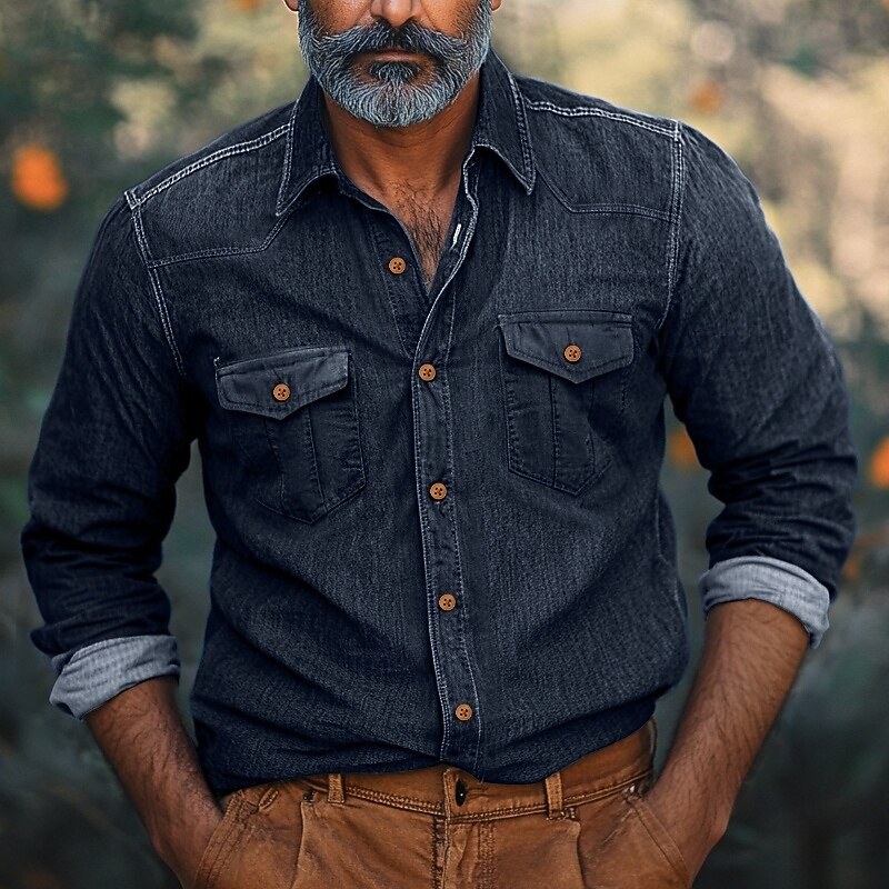 Men's Shirt Chambray Shirt Calico Shirt Casual Shirt Button Up Shirt Denim Shirt Black Navy Blue Blue Light Blue Long Sleeve Plain Collar Vacation Daily Clothing Apparel Fashion Casual4