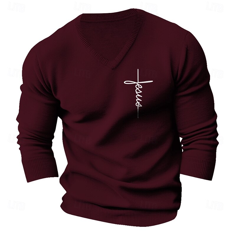 Men's Faith Pullover Sweater Jumper V Neck Casual Party Evening Wear Daily Embroidered Knitting Warm Long Sleeve Fall Winter Wine Black Dark Navy