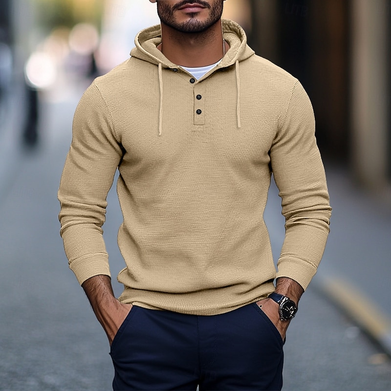 Men's Waffle Shirt T Shirt Tee Top Long Sleeve Shirt Long Sleeve Hooded Spring &  Fall Plain Fashion Designer Basic Classic Style Vacation Street Going out White Gray Green Top Tee for Men4