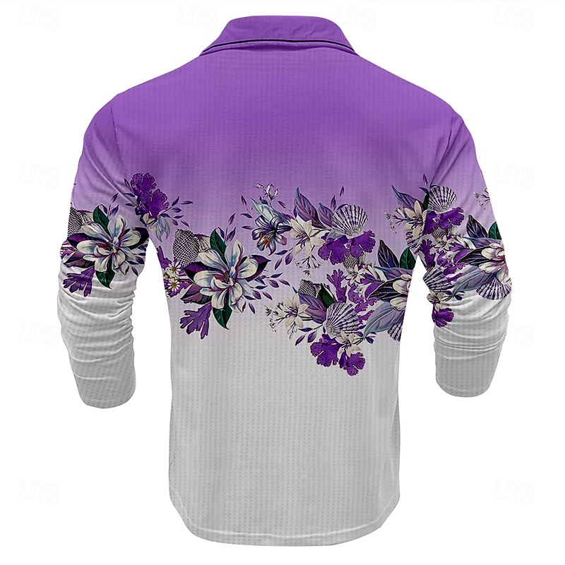 Men's Floral Print Waffle Polo Shirts Long Sleeve Polo Shirts Collared Shirts Casual Outdoor Party Evening Wear Streetwear Buttons Pink Blue Purple4