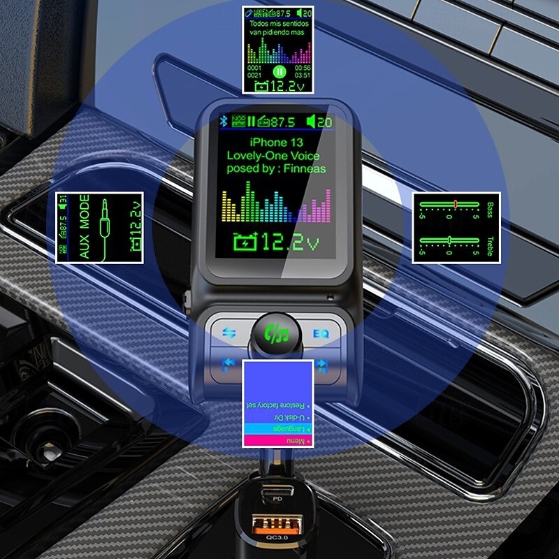 Smart Bluetooth Car Charger PD3.0 QC3.0 EQ Sound FM Transmitter With AUX Colorful Display Windows Car Kit BC854