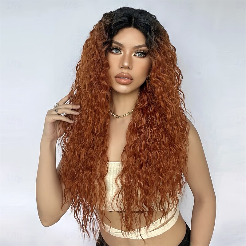 Synthetic Lace Wig Curly Style 26 inch Brown with Golden Highlights Middle Part 13x5x1 Lace Front Wig Women's Wig Black / Gold2
