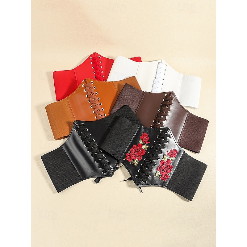 Women's Black Lace-Up Corset Belt with Red Floral Embroidery – Stylish Waist Cincher for Dresses and Blazers4