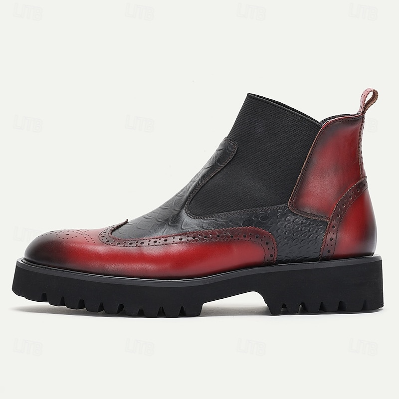 Men's Premium Cowhide Chelsea Boots – Red and Black Leather Brogue Detail with Textured Pattern, Rugged Sole, Stylish Casual & Formal Footwear4