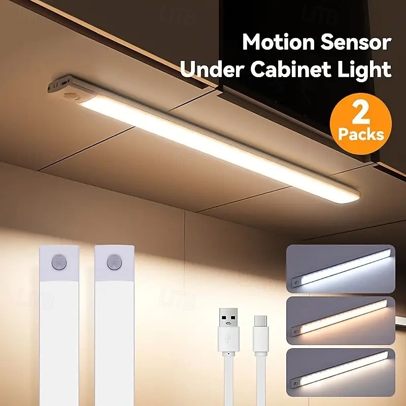 Under Cabinet Lighting, Ultra-thin Motion Sensor Cabinet Light, LED Night Light, 3-color Dimmable, USB Charging, Wardrobe Kitchen Home Lighting 20/30/40/50cm