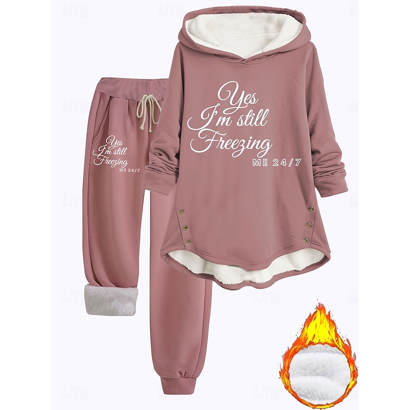 Women's 2 Pieces Fluffy Pyjama Set Long Sleeve Top and Pant Text Print Comfort Casual Home Wear Drawstring Solid Cozy Winter