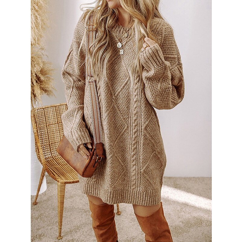 Women's Sweater Dress Casual Soft Pure Color Cable Crew Neck Knitted Long Sleeve Long Tops Knit Outdoor Daily Weekend Black Green Fall Winter3