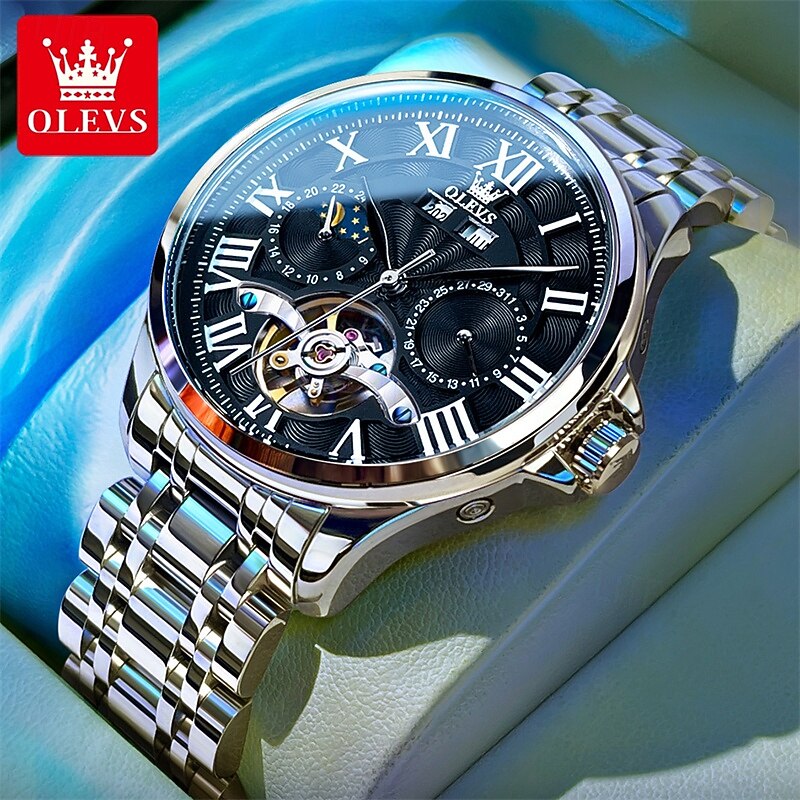 New Olevs Brand Men'S Business Stainless Steel Band Watch Moon Phase Double Calendar 24-Hour Indication Automatic Mechanical Watch Simple Leisure Sports Men'S Wristwatch