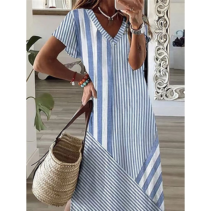 Women's Stripe V Neck Maxi Dress Short Sleeve Summer2