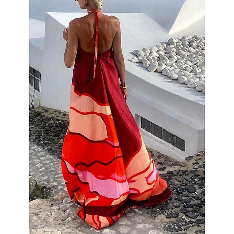 Women's Color Block Halter Neck Maxi Dress Long Sleeve Summer Spring2