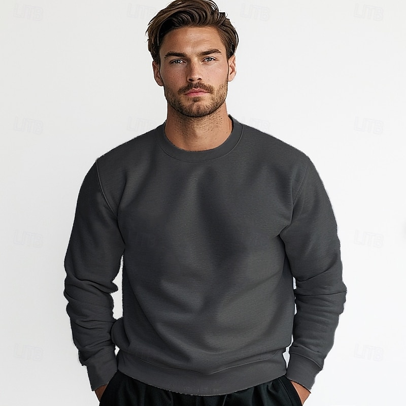 Men's 100% Cotton Sweatshirt Black Dark Gray Crew Neck Plain Casual Daily Sports non-printing Basic Athletic Fall Winter Clothing Apparel Hoodies Sweatshirts