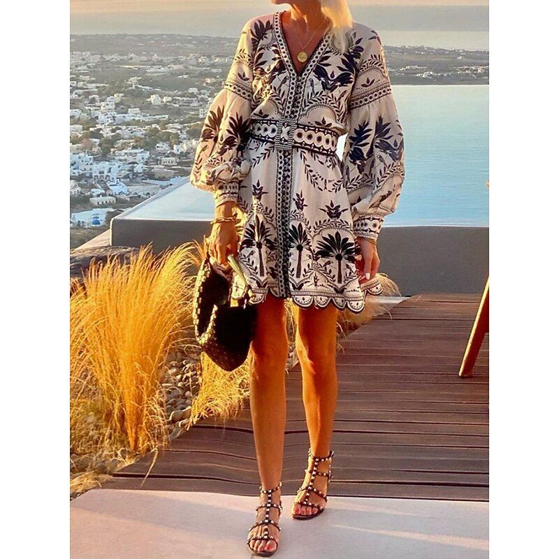 Women's Floral V Neck Mini Dress Long Sleeve Summer Spring3