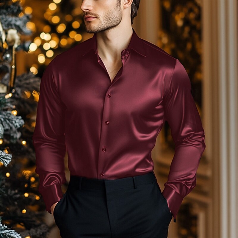 Men's Shirt Satin Shirt Casual Shirt Button Up Shirt Plain Wedding Vacation Light Blue Black Wine Royal Blue Long Sleeve Lapel Spring &  Fall Clothing Apparel2