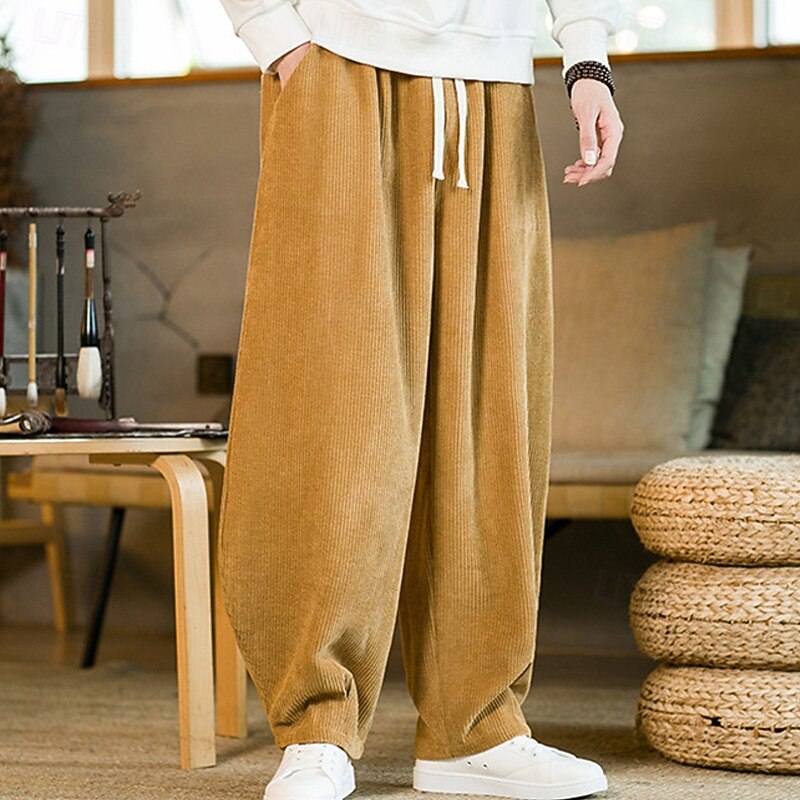 Men's Corduroy Pants Trousers Casual Pants Pocket Elastic Waist Drawstring Plain Comfort Outdoor Daily Fashion Casual Black Yellow Micro-elastic3