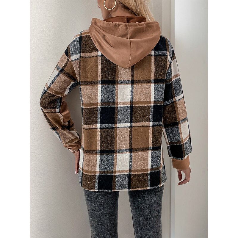 Women's Hoodie Sweatshirt Casual Plaid Street Dailywear Hoodie Patchwork Print Long Sleeve Brown Fall Winter3