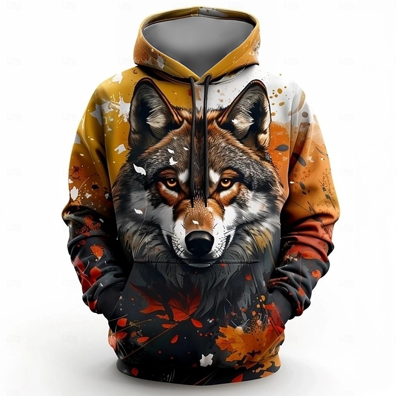 Men's Wolf Hoodies Sweatshirt Fashion Cool Long Sleeve Crew Neck Party Holiday Streetwear Brown Drawstring Fall Winter Designer2