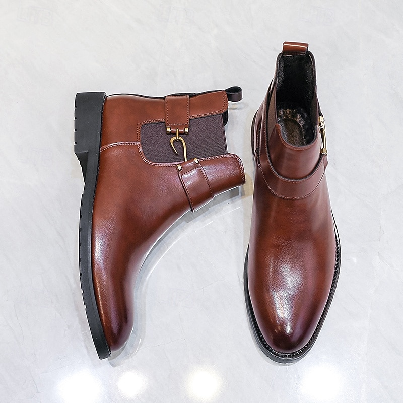 Men's Brown Faux Leather Chelsea Boots with Buckle Strap, Polished Finish, and Rugged Sole – Classic Casual & Formal Footwear3