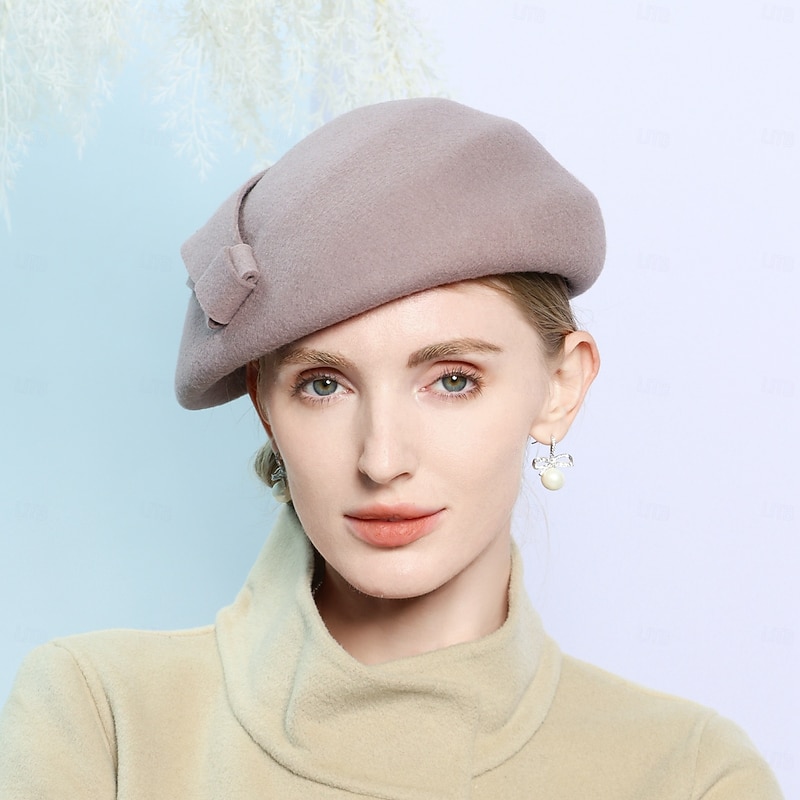 Hats 100% Wool Beret Hat Bowler / Cloche Hat Wedding Tea Party Elegant Wedding With Pure Color Splicing Headpiece Headwear