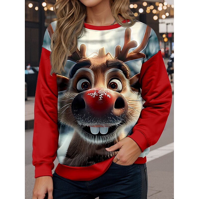 Women's Sweatshirt Casual Polyester Reindeer  Street Dailywear Crew Neck Print Long Sleeve Denim Blue Wine Blue Green Fall Winter