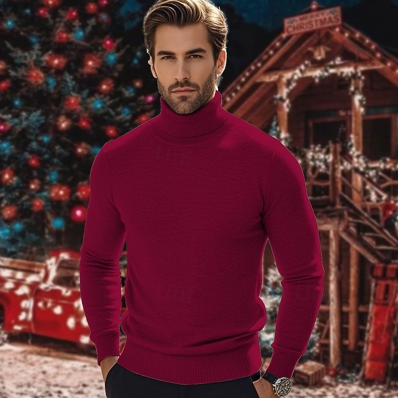 Men's Pullover Sweater Jumper Knit Sweater Ribbed Knit Regular Knitted Plain Turtleneck Fashion Casual Vacation Daily Wear Clothing Apparel Fall & Winter Camel Wine S M L2