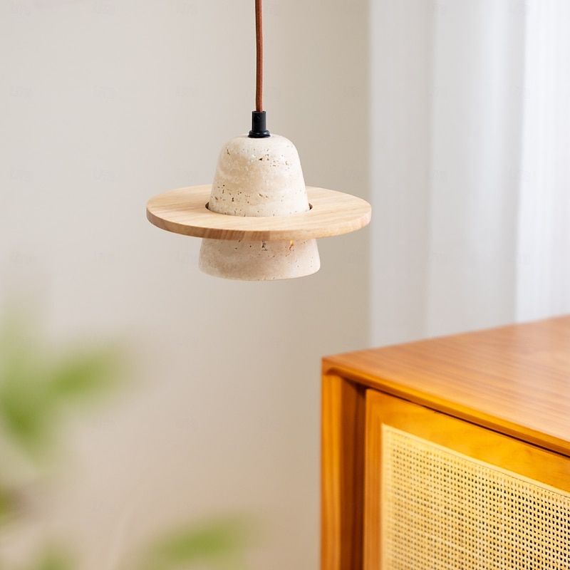 Wabi Sabi Natural Stone Pendant Light Decor Concrete Pendant Light Travertine Hanging Light Bedside Aisle Bar Club Wood Shade 20cm 85-265V3