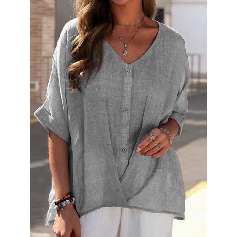 Women's Shirt Linen-Inspired Shirts Button Up Blouse Solid Color Basic Casual 3/4 Length Sleeve V Neck Regular Tops Daily Buttons Gray Summer Spring