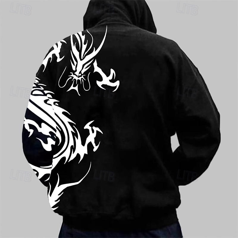 Men's Graphic Dragon Hoodie Hoodies Sweatshirt Fashion Daily Long Sleeve Hooded Vacation Sports Outdoor Holiday Black White Print Front Pocket Spring &  Fall Designer2