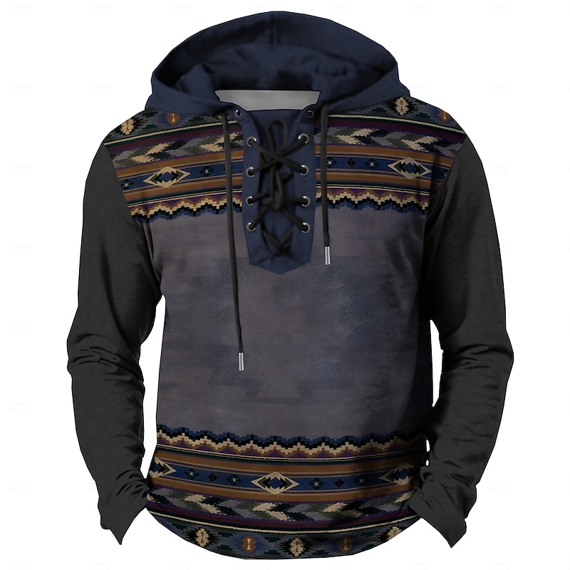 Men's Cowboy Hoodies Casual Vintage Retro Long Sleeve Hooded Vacation Going out Hunting Blue Brown Drawstring Fall Winter Designer2