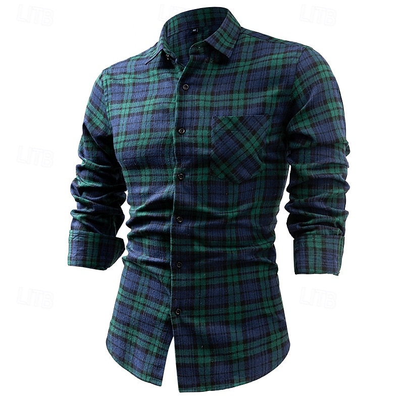 Men's Shirt Flannel Shirt Overshirt Plaid Outdoor Street Yellow Red Dark Navy Green Long Sleeve Winter Spring &  Fall Clothing Apparel