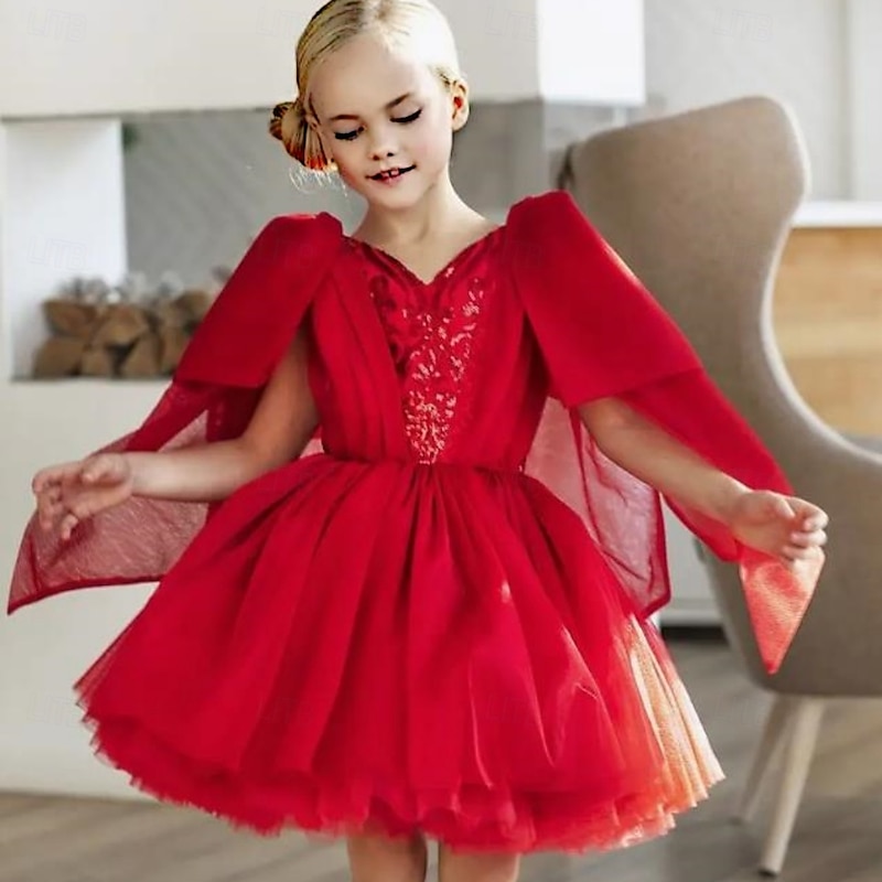Kids Girls' Party Dress Solid Color Sleeveless Performance Mesh Princess Sweet Mesh Mid-Calf Sheath Dress Tulle Dress Summer Spring Fall kids Red
