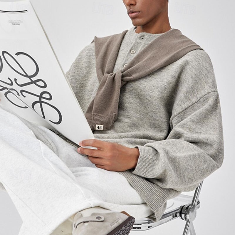 Men's Pullover Sweater Jumper Knit Sweater Pullover Polo Sweater Ribbed Knit Regular Knitted Plain Henley Fashion Basic Vacation Daily Wear Clothing Apparel Fall & Winter Black Light Grey M L XL4