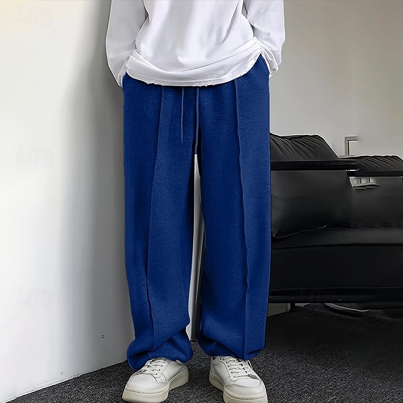 Men's Sweatpants Joggers Trousers Straight Leg Sweatpants Pleated Pants Drawstring Elastic Waist Plain Comfort Warm Full Length Outdoor Casual Daily Sports Fashion Black Blue2