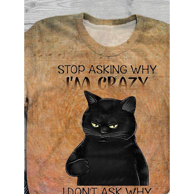 Women's T Shirt Cat Letter Casual Short Sleeve Round Neck Regular Tops Daily Print Khaki Summer3