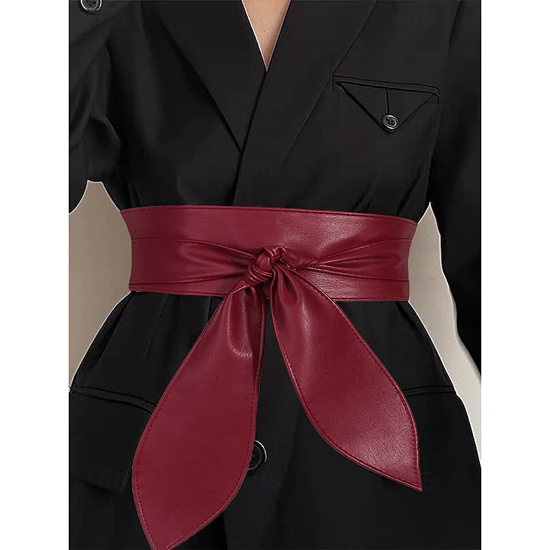 Women's Wide Red Faux Leather Obi Belt – Elegant Waist Cincher with Tie Knot Design for Dresses and Outerwear4
