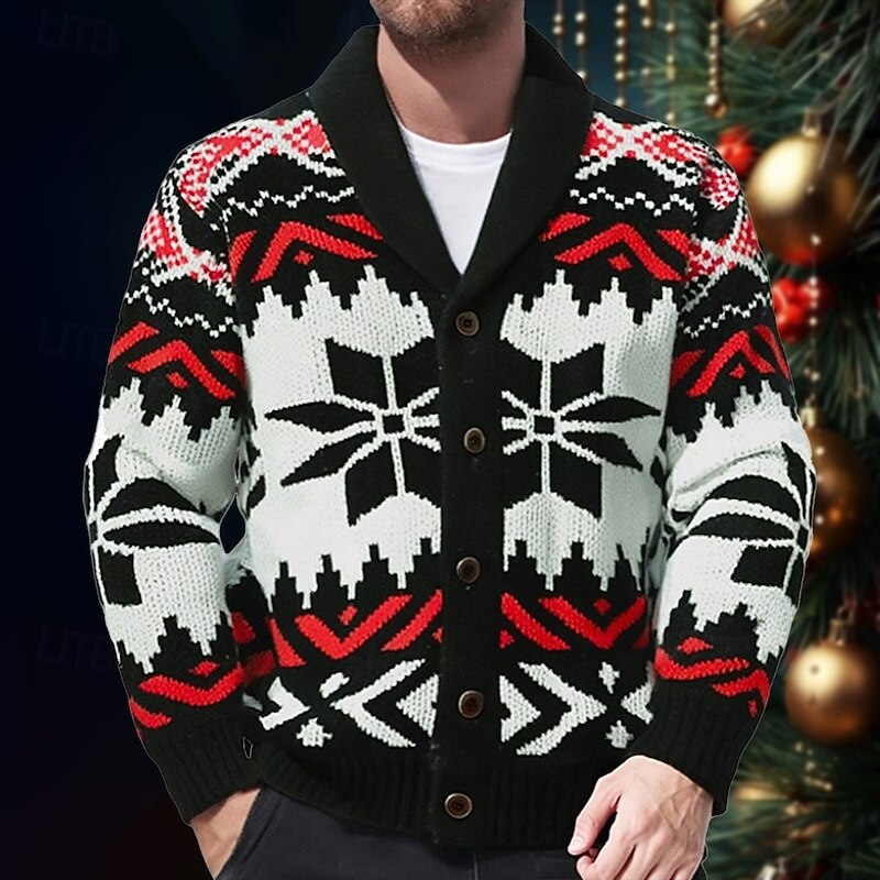 Men's Jacquard Sweater Cardigan Sweater Cropped Sweater Knit Sweater Ribbed Crochet Knit Regular Knitted Jacquard Snowflake Shawl Collar Fashion Classic Daily Wear Date Clothing Apparel Fall & Winter - Main Image