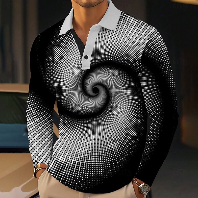 Men's Visual Deception Polo Shirts Golf Polos Shirts Long Sleeve Polo Shirts Collar Business Casual Outdoor Vacation Dailywear Buttons 3D Print Spring Fall Winter Black Blue2